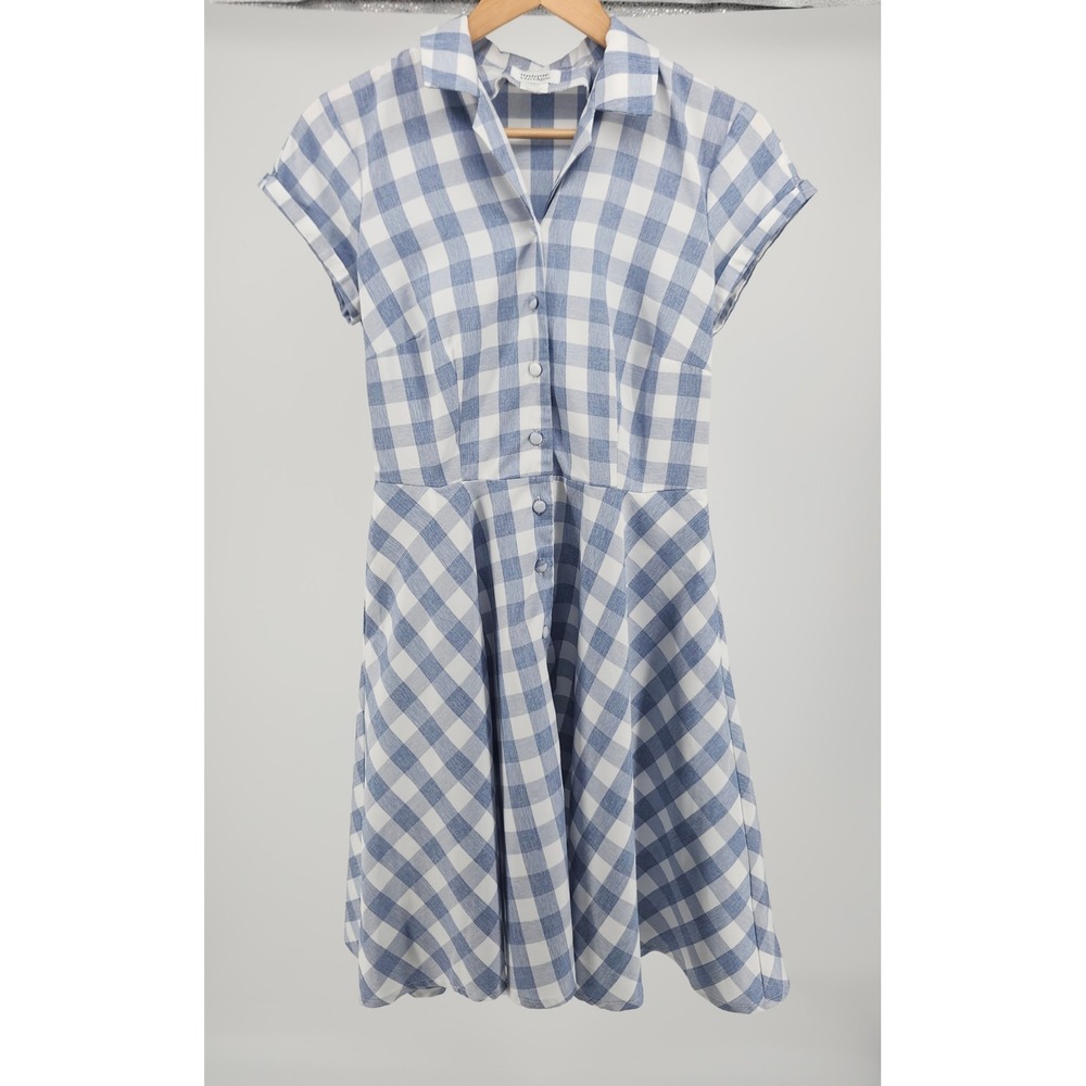 Unique Vintage Blue White Gingham Shirt Dress Retro Rockabilly Fit Flare Medium